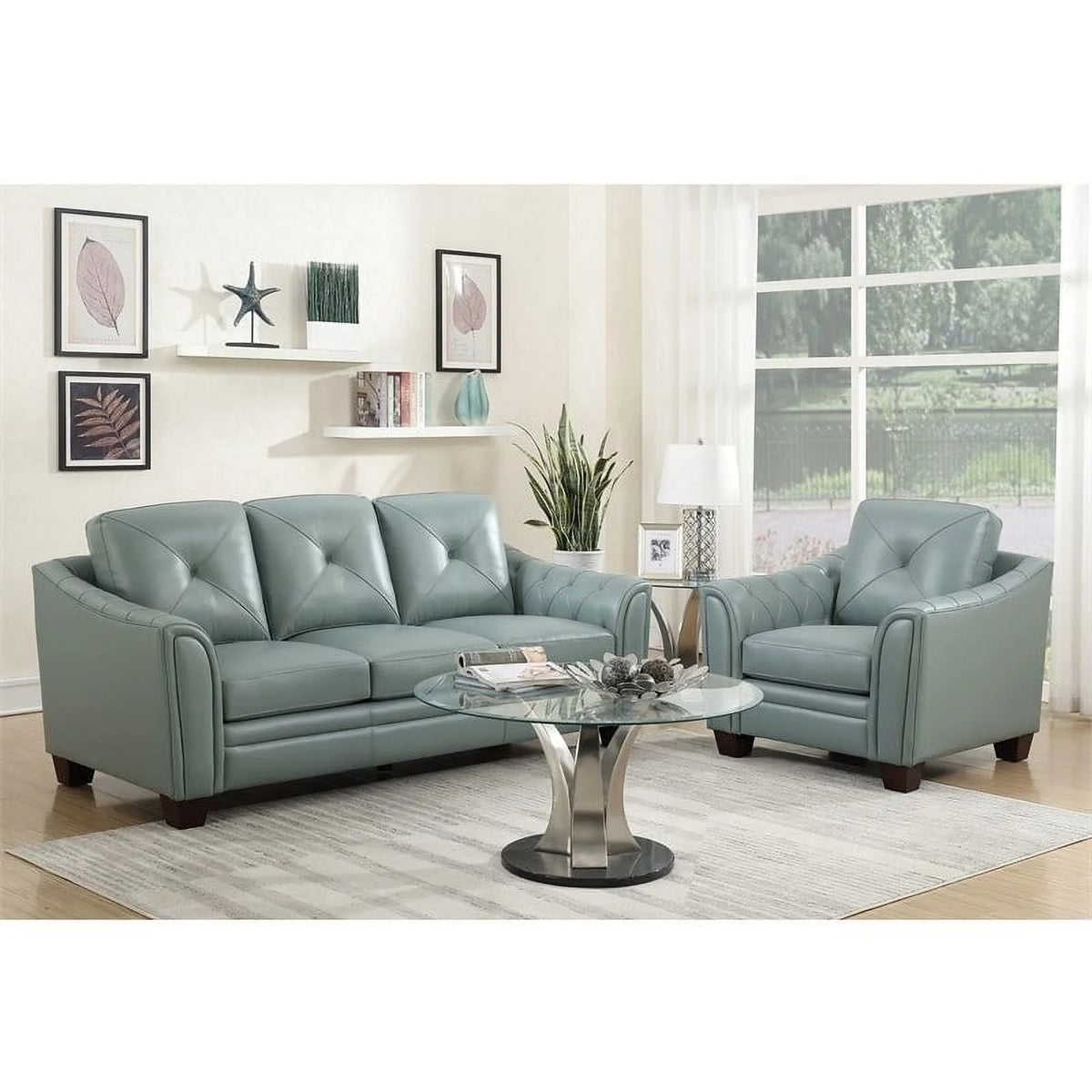 Spa Green Leather Tufted Back Sofa P678