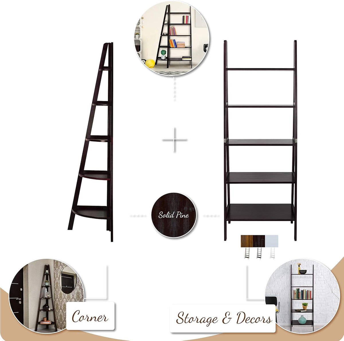 White 5-Shelf Corner Ladder Bookcase O2983