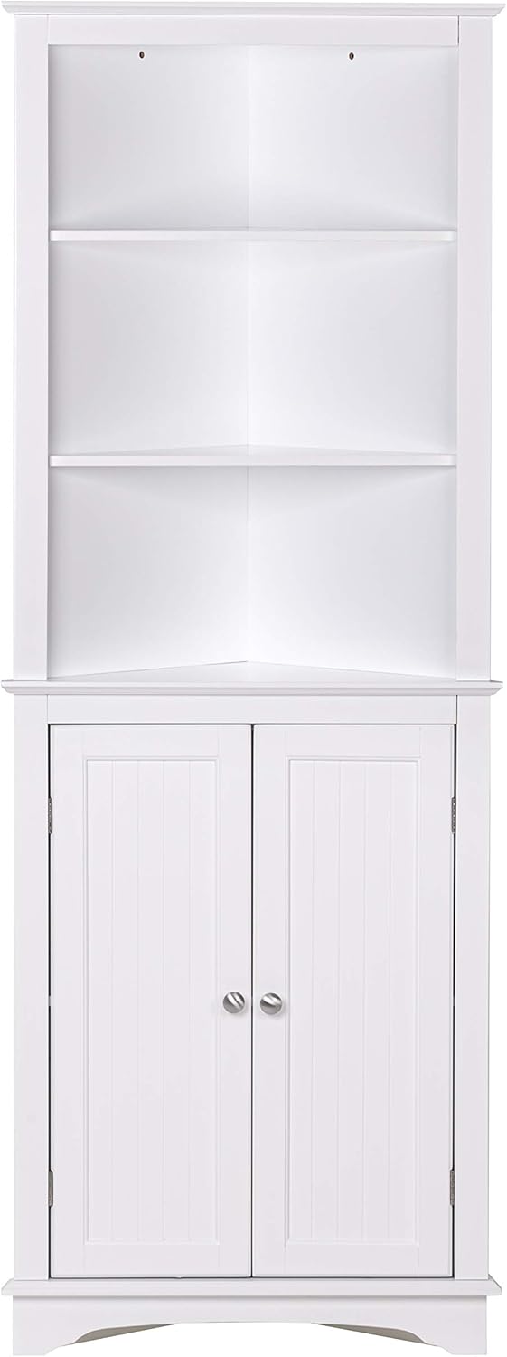 White Tall Corner Storage Cabinet with Two Doors and Three Tier Shelves J291055