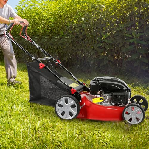 20-Inch Gas Push Lawn Mower, 141CC 4-Cycle Engine, Self Propelled, Side Discharge, High Rear Wheels, 7-Position Single Wheel Height Adjustment (Red) G212
