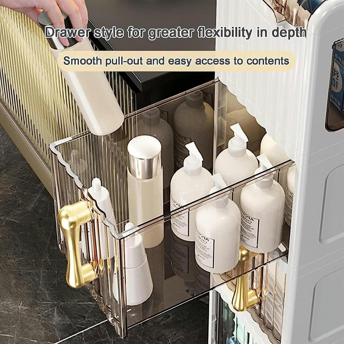Narrow Bathroom Floor Storage Cabinet with Drawers and Wheels R535