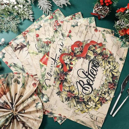 Christmas Placemats Set of 12, 12x18 Inch Linen Fabric Washable Table Mats H383