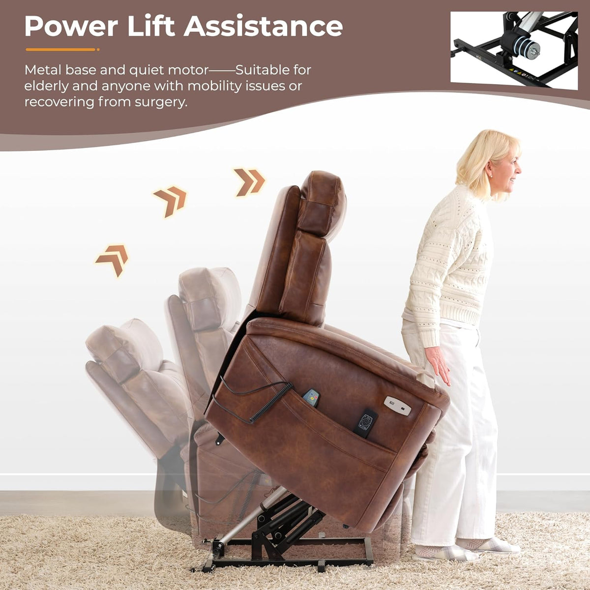 Caramel Leather Power Lift Recliner Chair with Heating and Massage Y707