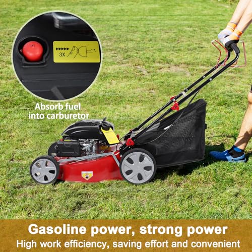 20-Inch Gas Push Lawn Mower, 141CC 4-Cycle Engine, Self Propelled, Side Discharge, High Rear Wheels, 7-Position Single Wheel Height Adjustment (Red) G212
