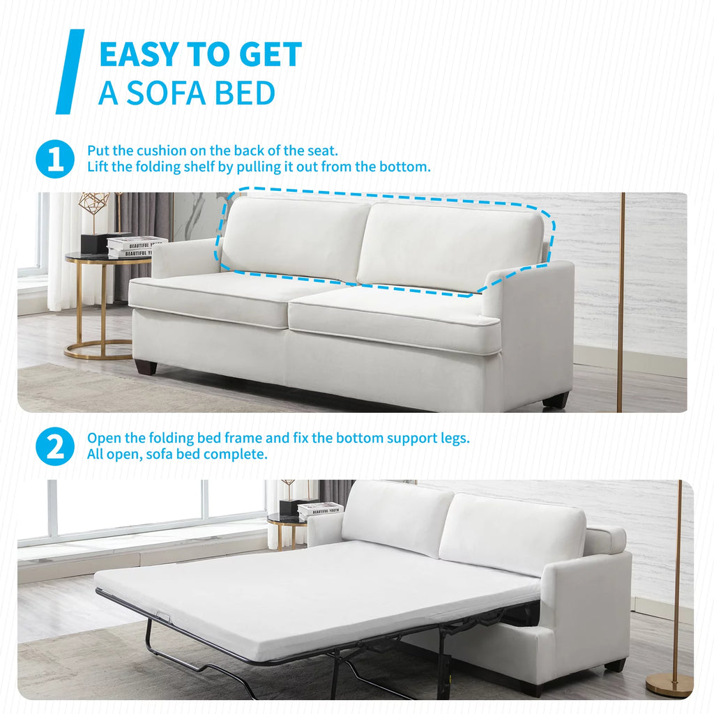 Beige Velvet Queen Size Pull Out Sofa Bed with Foam Mattress F368
