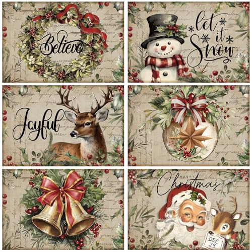 Christmas Placemats Set of 12, 12x18 Inch Linen Fabric Washable Table Mats H383