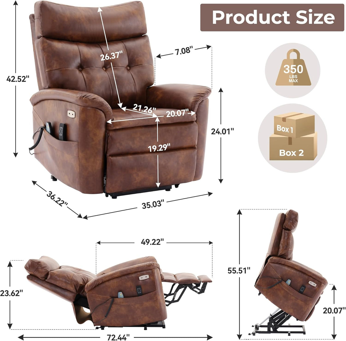 Caramel Leather Power Lift Recliner Chair with Heating and Massage Y707