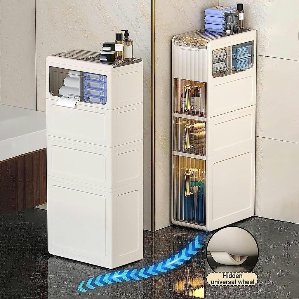 Narrow Bathroom Floor Storage Cabinet with Drawers and Wheels R535