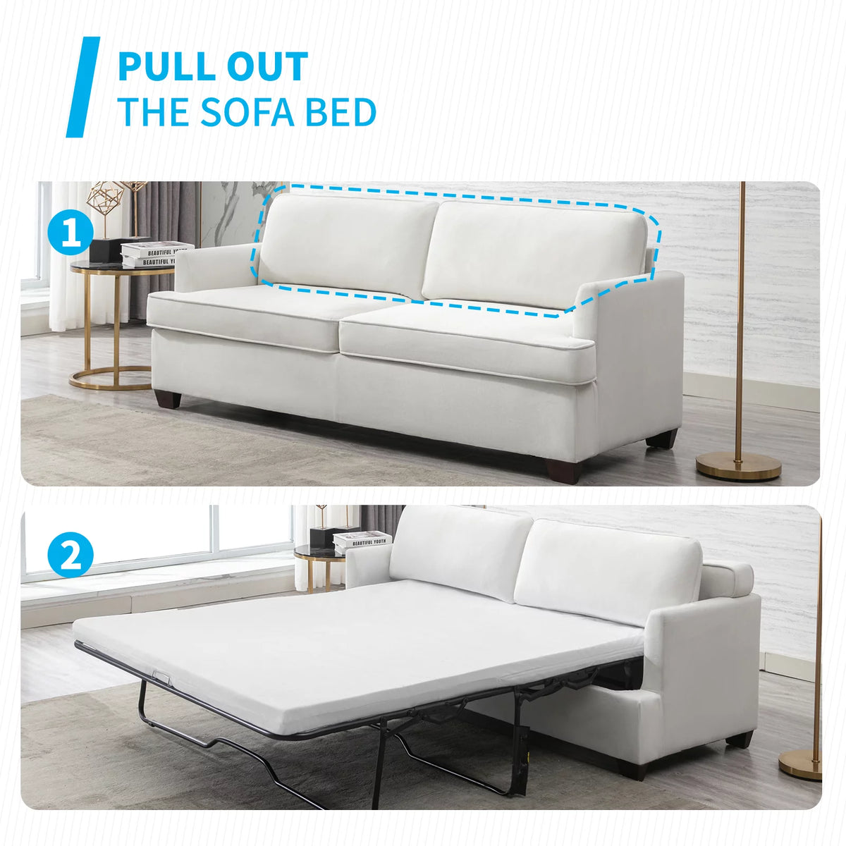 Beige Velvet Queen Size Pull Out Sofa Bed with Foam Mattress F368