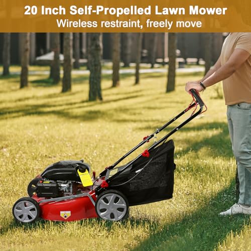 20-Inch Gas Push Lawn Mower, 141CC 4-Cycle Engine, Self Propelled, Side Discharge, High Rear Wheels, 7-Position Single Wheel Height Adjustment (Red) G212