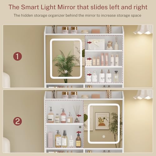 White Small Vanity Desk with Mirror and Lights, 1 Drawer & 3 Shelves I448