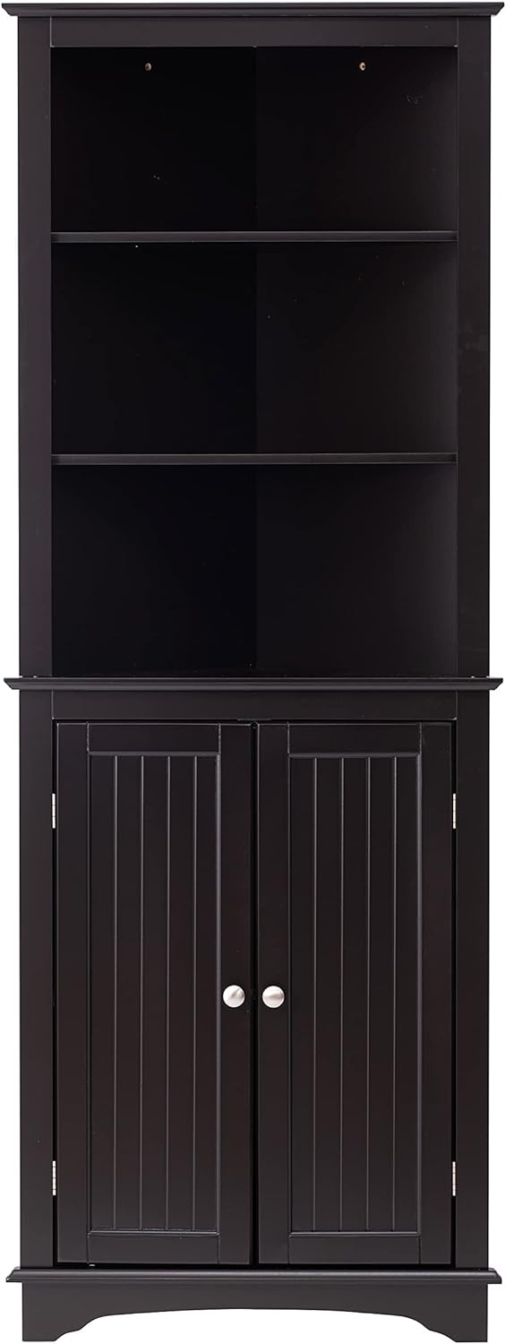 White Tall Corner Storage Cabinet with Two Doors and Three Tier Shelves J291055