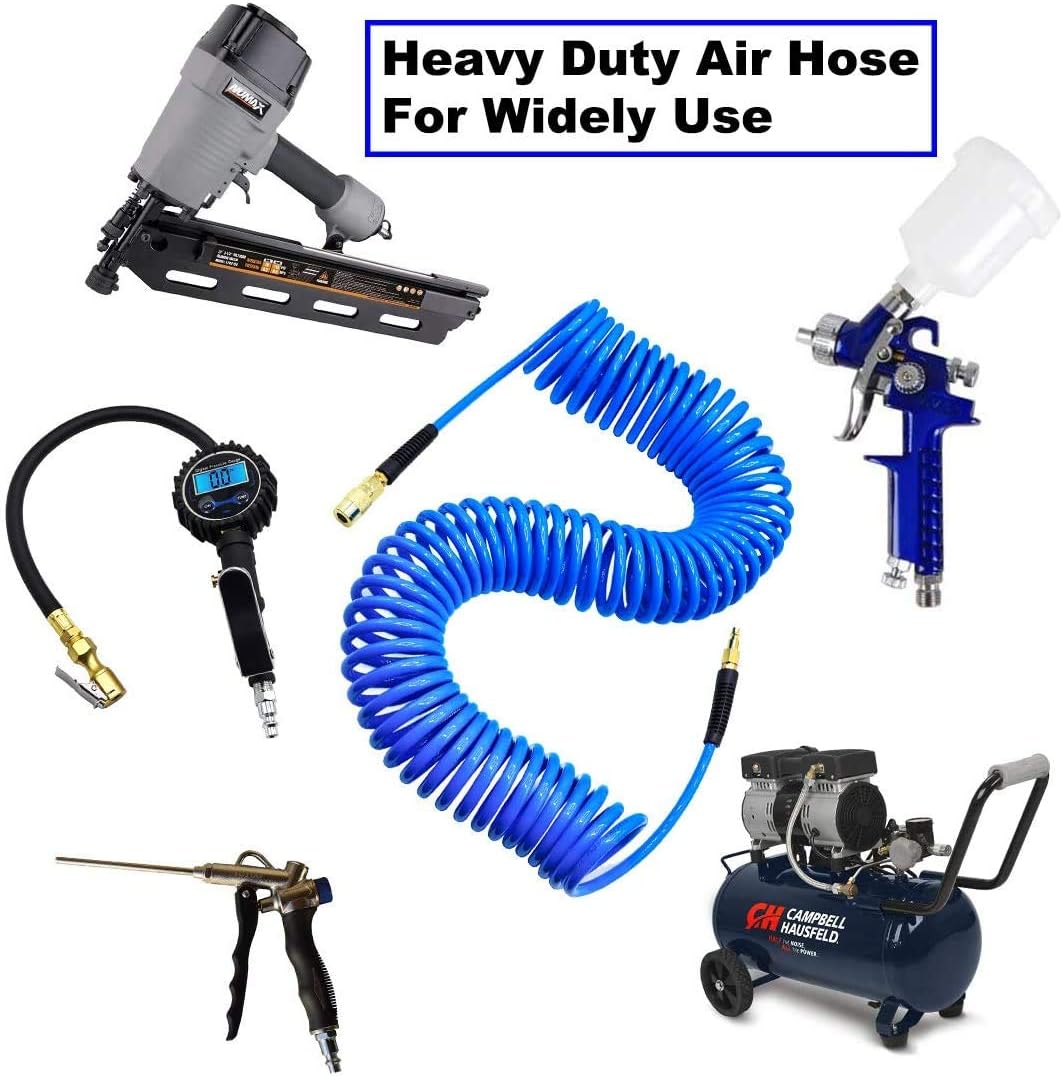 10-Pack Blue Polyurethane Recoil Air Hose 1/4" by 25' with Bend Restrictor and Quick Coupler N22244