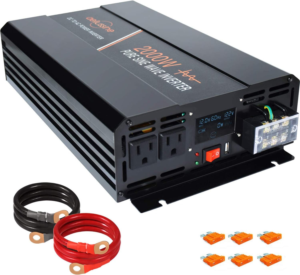 Power Inverter 2000W Pure Sine Wave 12v DC to AC 120v Peak 4000 Watt Converter with LCD Display USB Charge Port B602