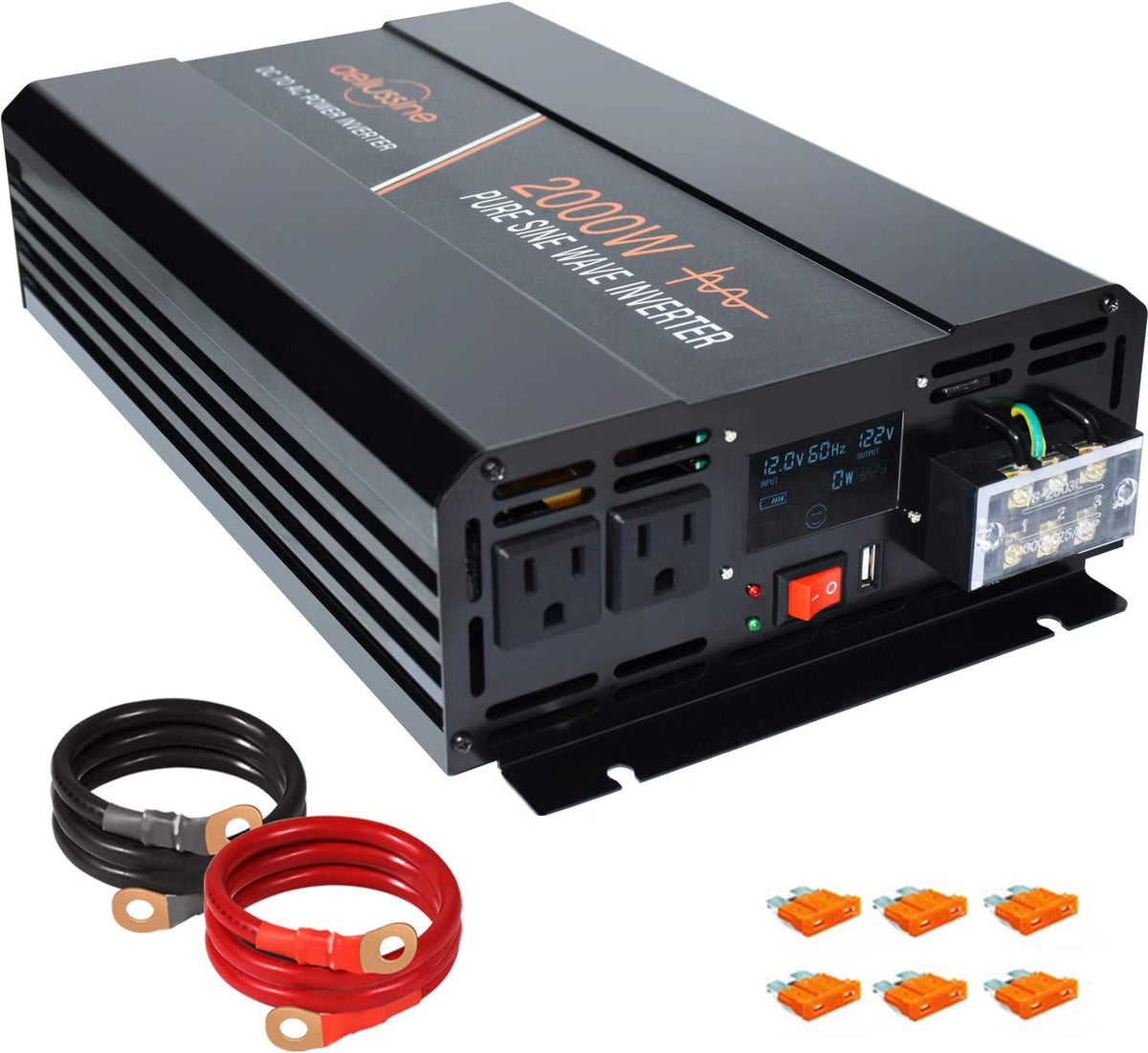 Power Inverter 2000W Pure Sine Wave 12v DC to AC 120v Peak 4000 Watt Converter with LCD Display USB Charge Port B602