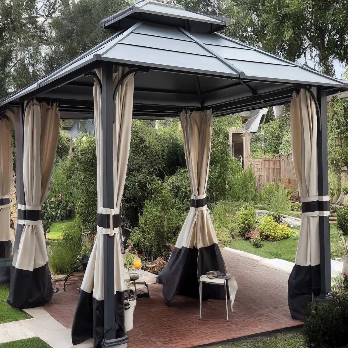 10x12ft Galvanized Steel Hard Top Outdoor Gazebo with Netting and Curtains W5413