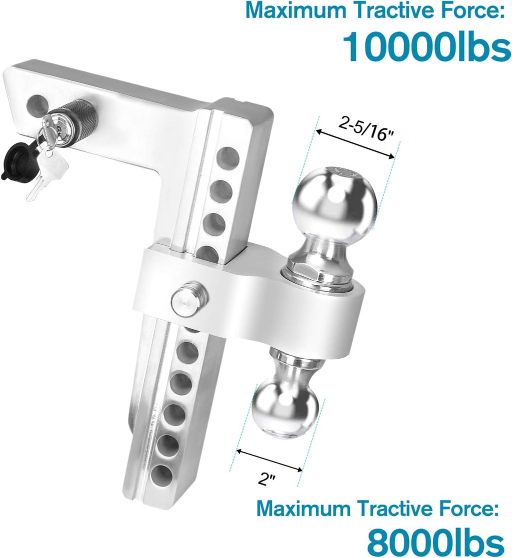 Dual Ball Mount Hitch Adjustable Drop/Rise, Aluminum Trailer Hitch, Fits 2" Receiver with Pin Lock (10 inch) X401