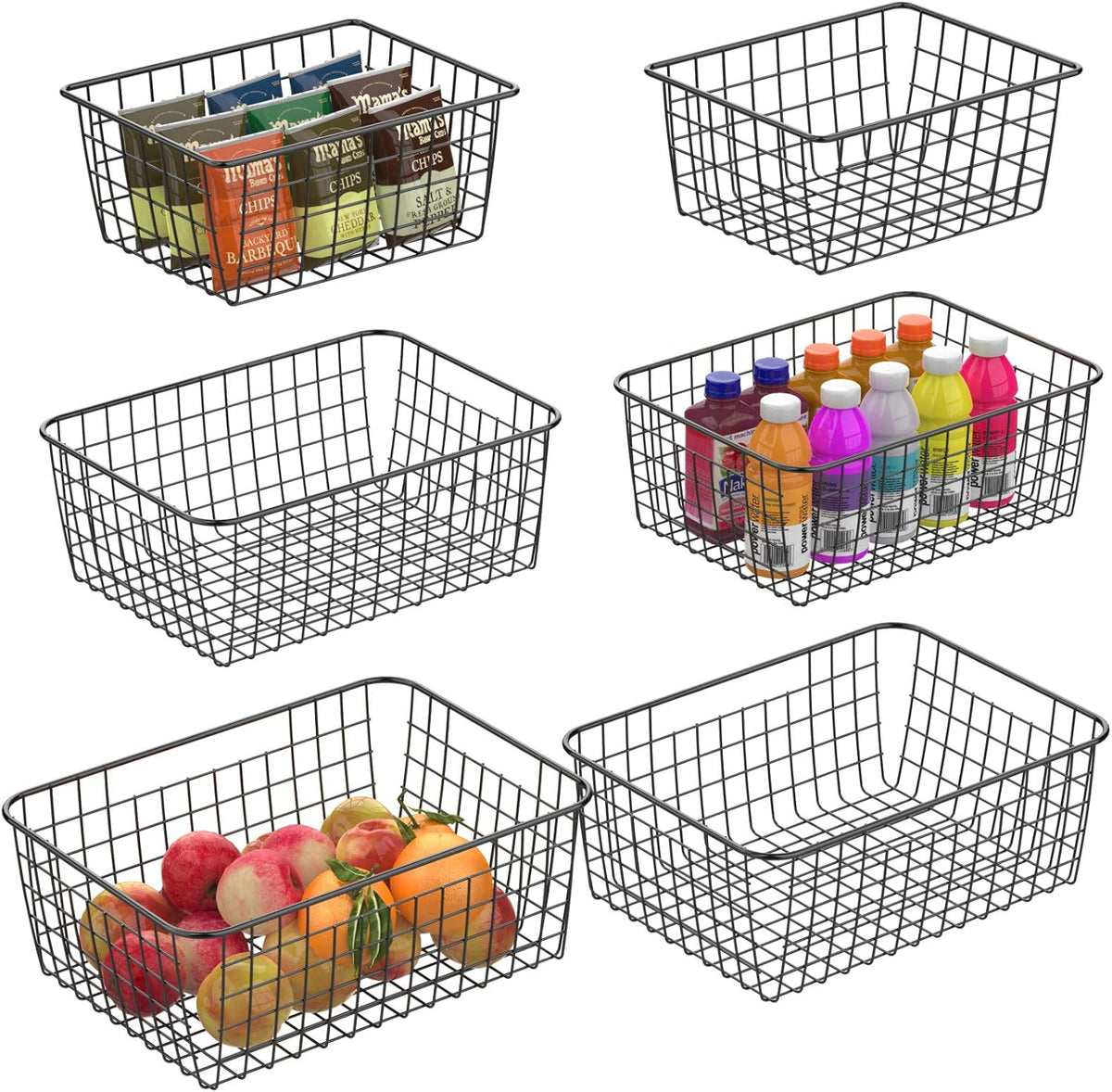 Black Metal Wire Storage Basket 6 Pack (2 Small, 2 Medium, 2 Large) I5461