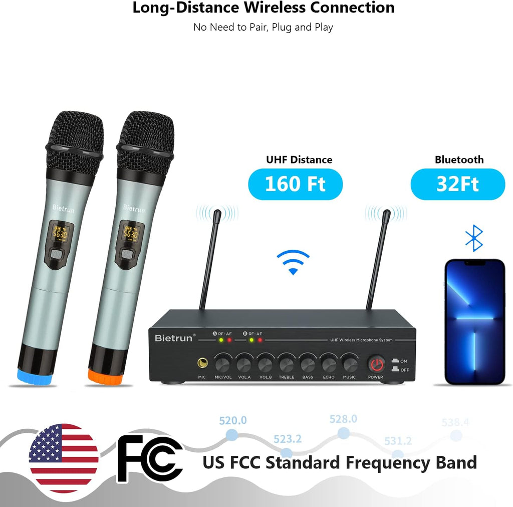 UHF Dual Channel Wireless Microphones with Bluetooth, Metal Cordless Handheld Dynamic Mics M160022