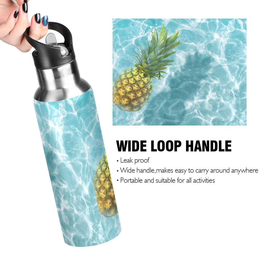 Yellow Pineapple on Blue Water Insulated Stainless Steel Water Bottle with Straw Lid 20 oz A962129