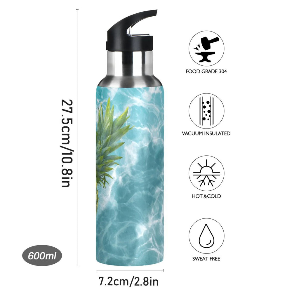 Yellow Pineapple on Blue Water Insulated Stainless Steel Water Bottle with Straw Lid 20 oz A962129