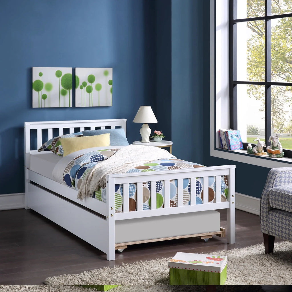White Solid Pine Wood Twin Platform Bed with Trundle and Headboard Q631457