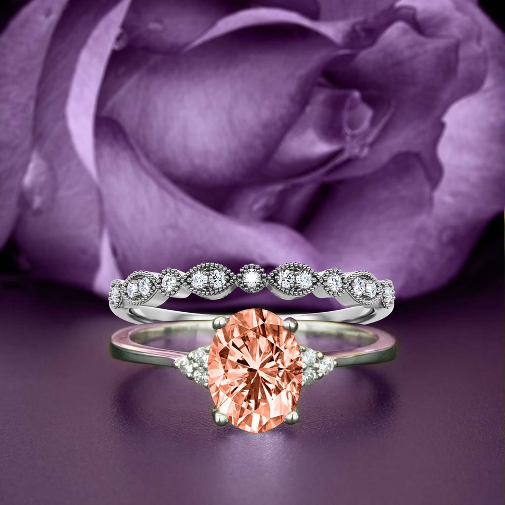 2.00 Carat Oval Cut Morganite And Diamond Moissanite Engagement Ring in Silver With 18k White Gold Plating U9113