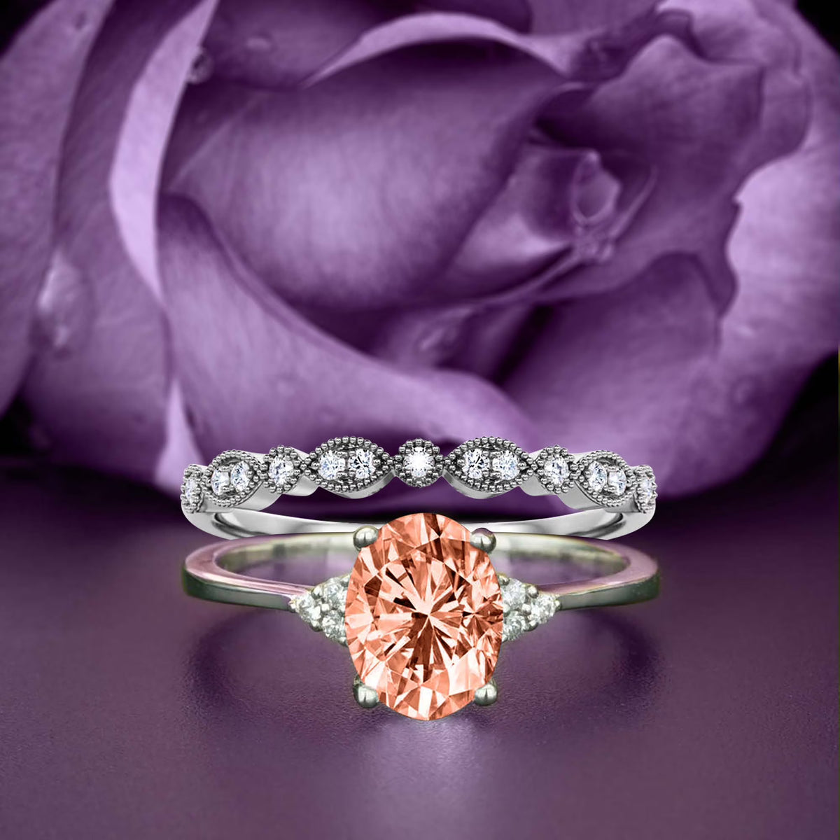 2.00 Carat Oval Cut Morganite And Diamond Moissanite Engagement Ring in Silver With 18k White Gold Plating U9113