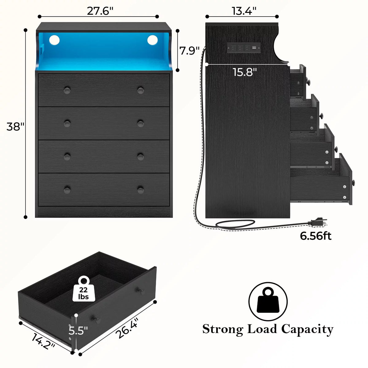 Black 4 Drawer Dresser with LED Lights and Charging Station J41706