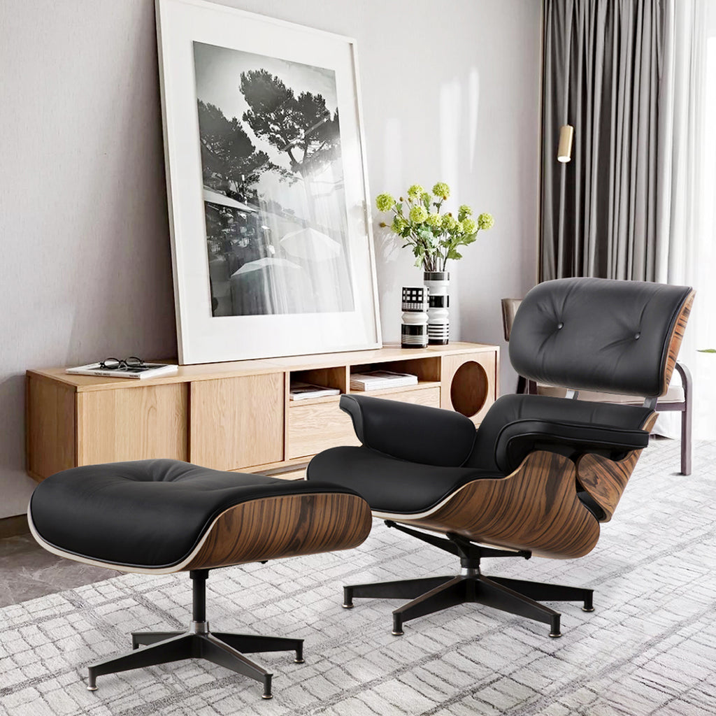 Black Tufted Leather Swivel Lounge Chair with Ottoman F61612