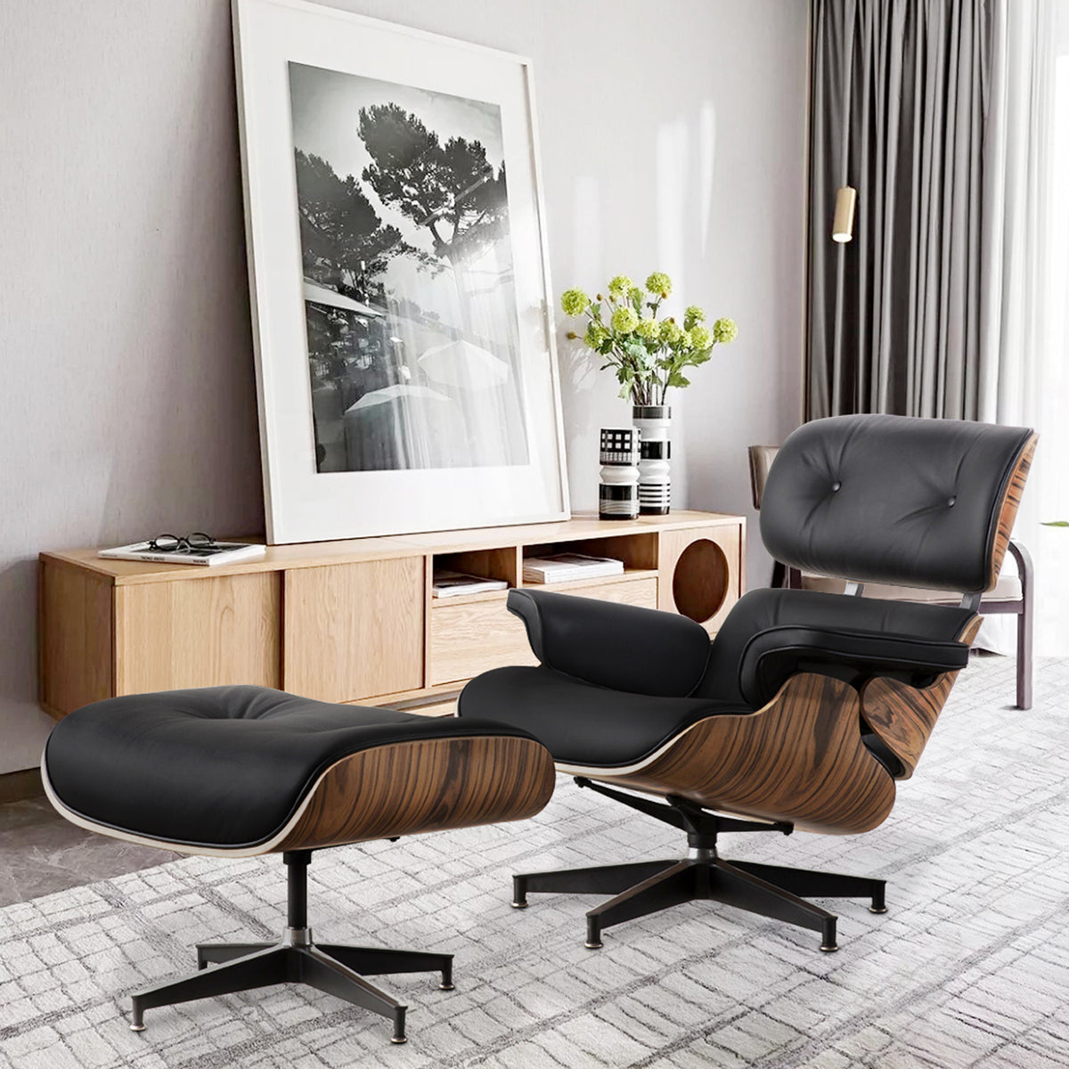Black Tufted Leather Swivel Lounge Chair with Ottoman F61612