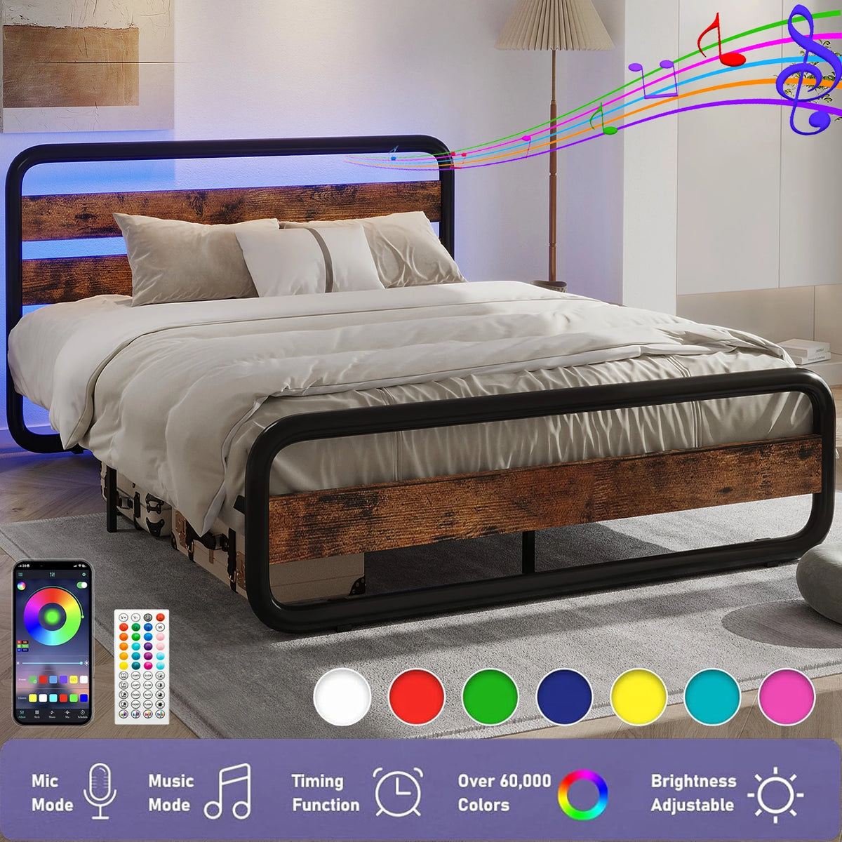 Queen Size Metal Platform Bed Frame with LED Headboard and Storage F9749
