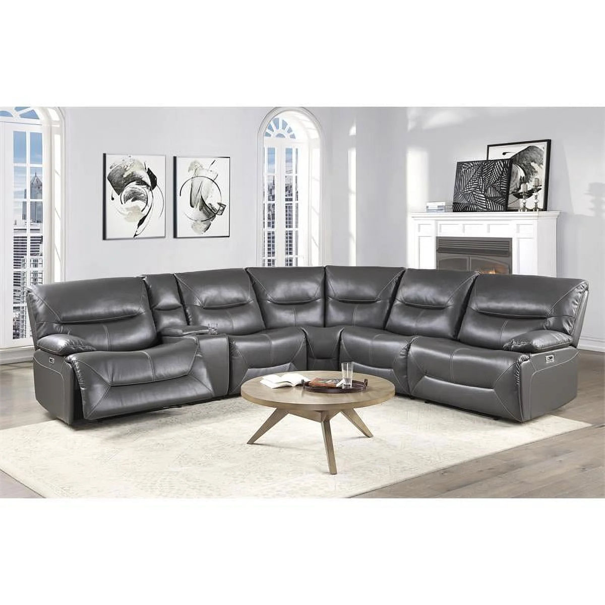 Gray 6 Piece Faux Leather Power Reclining Sectional T83786