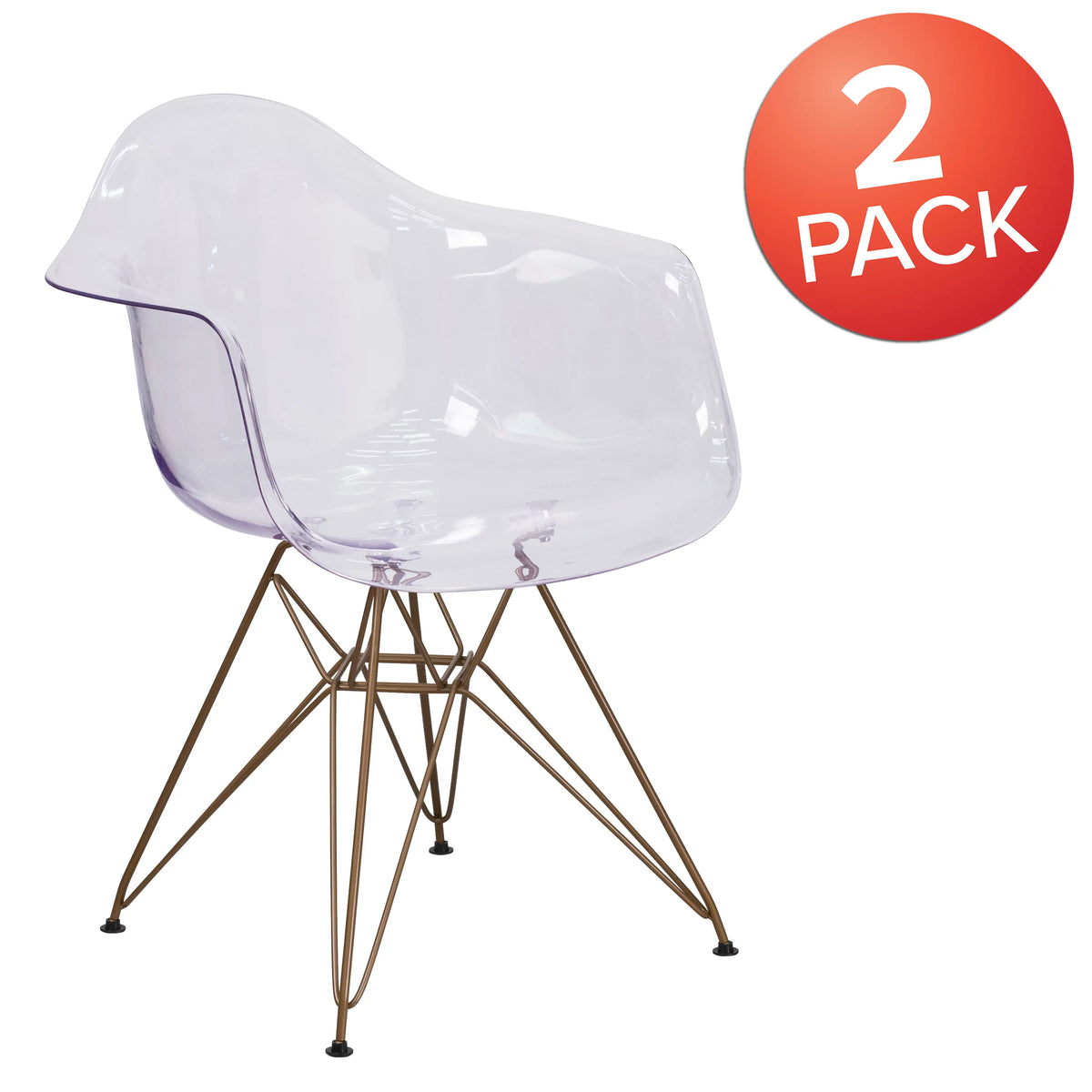 2 Pack Transparent Side Chair with Arms and Gold Base I97748