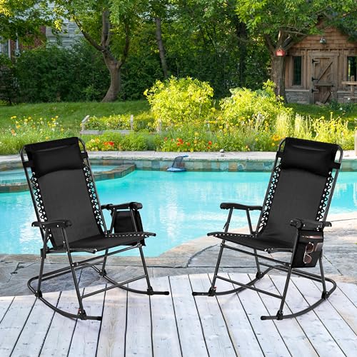 Beige Folding Rocking Chair with Cupholder and Pillow Y313