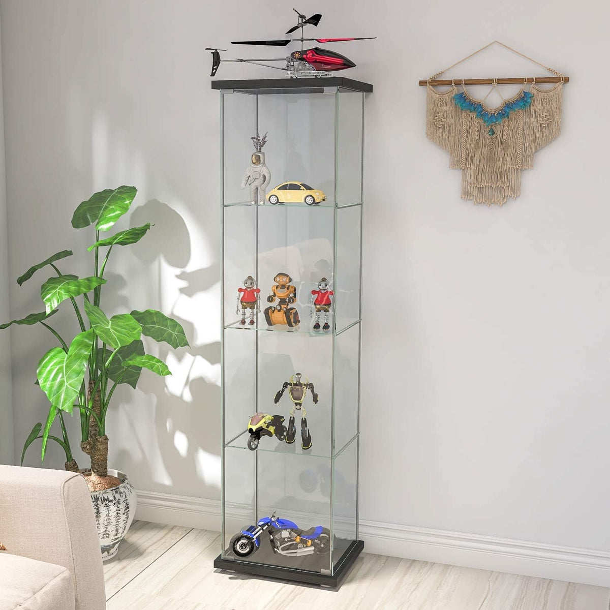White Wood 4-Shelf Glass Display Cabinet with Door K16675