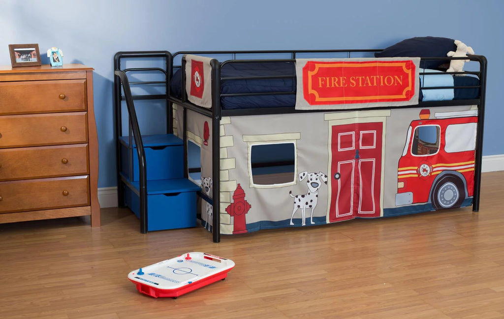 Black Blue Twin Metal Loft Bed with Storage Steps W2150
