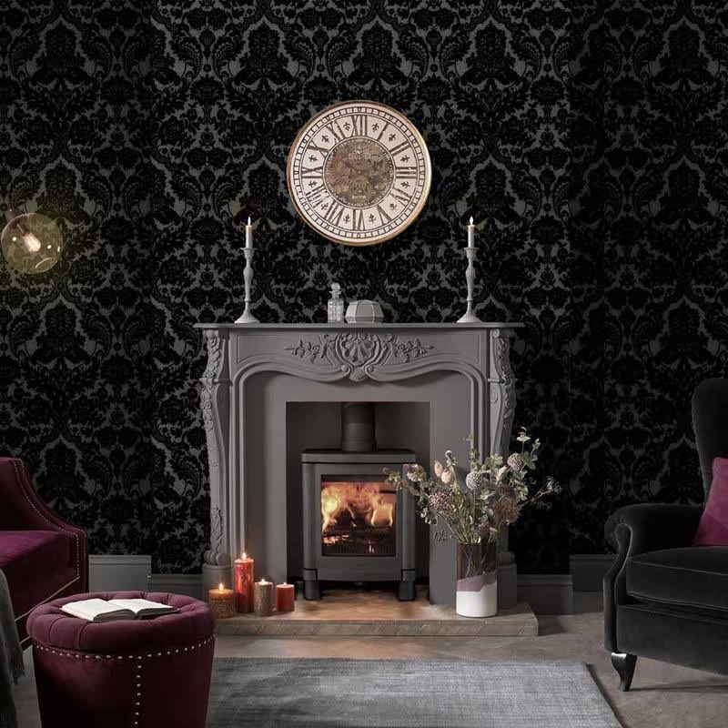 Gothic Damask Flock White Wallpaper I77030