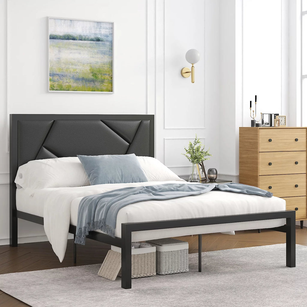 Twin Size Bed Frame with Leather Upholstered Headboard F63295