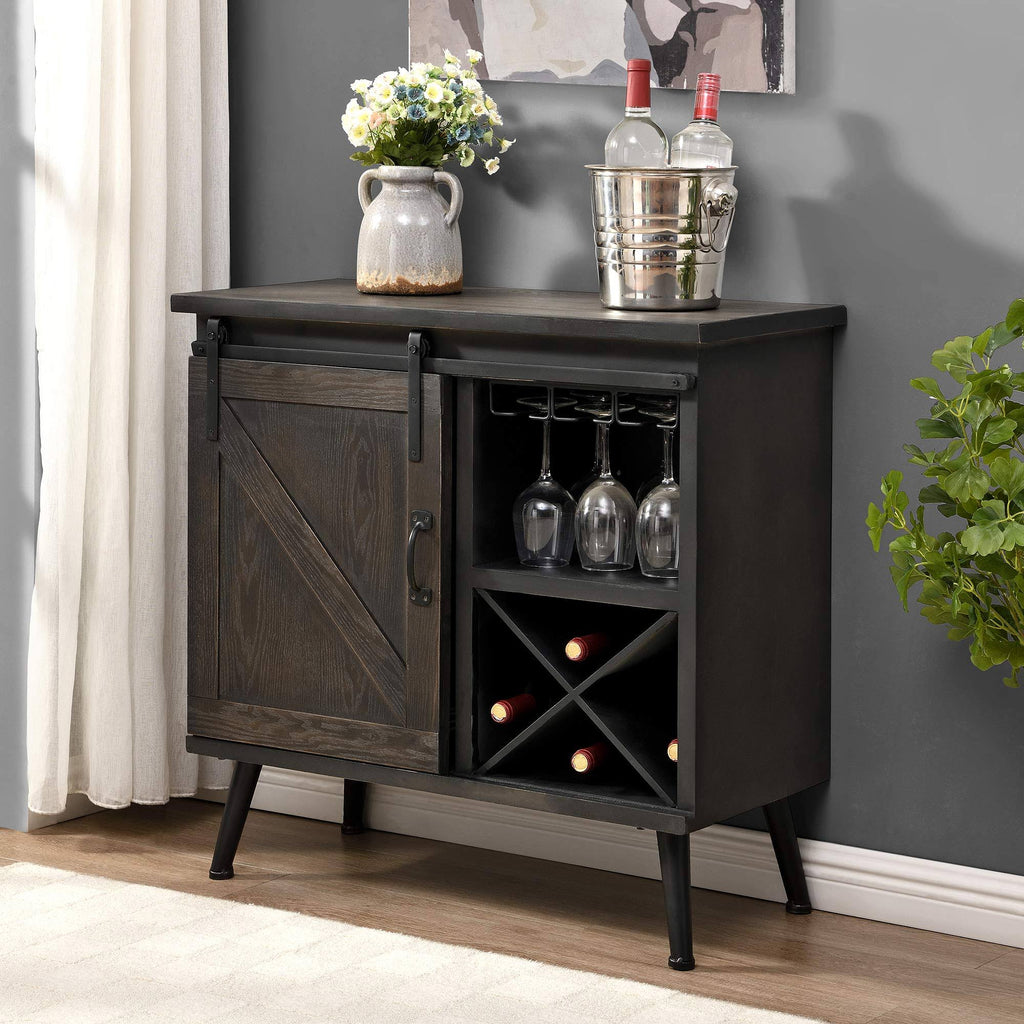 Dark Brown Wood Barn Door Bar Cabinet G940