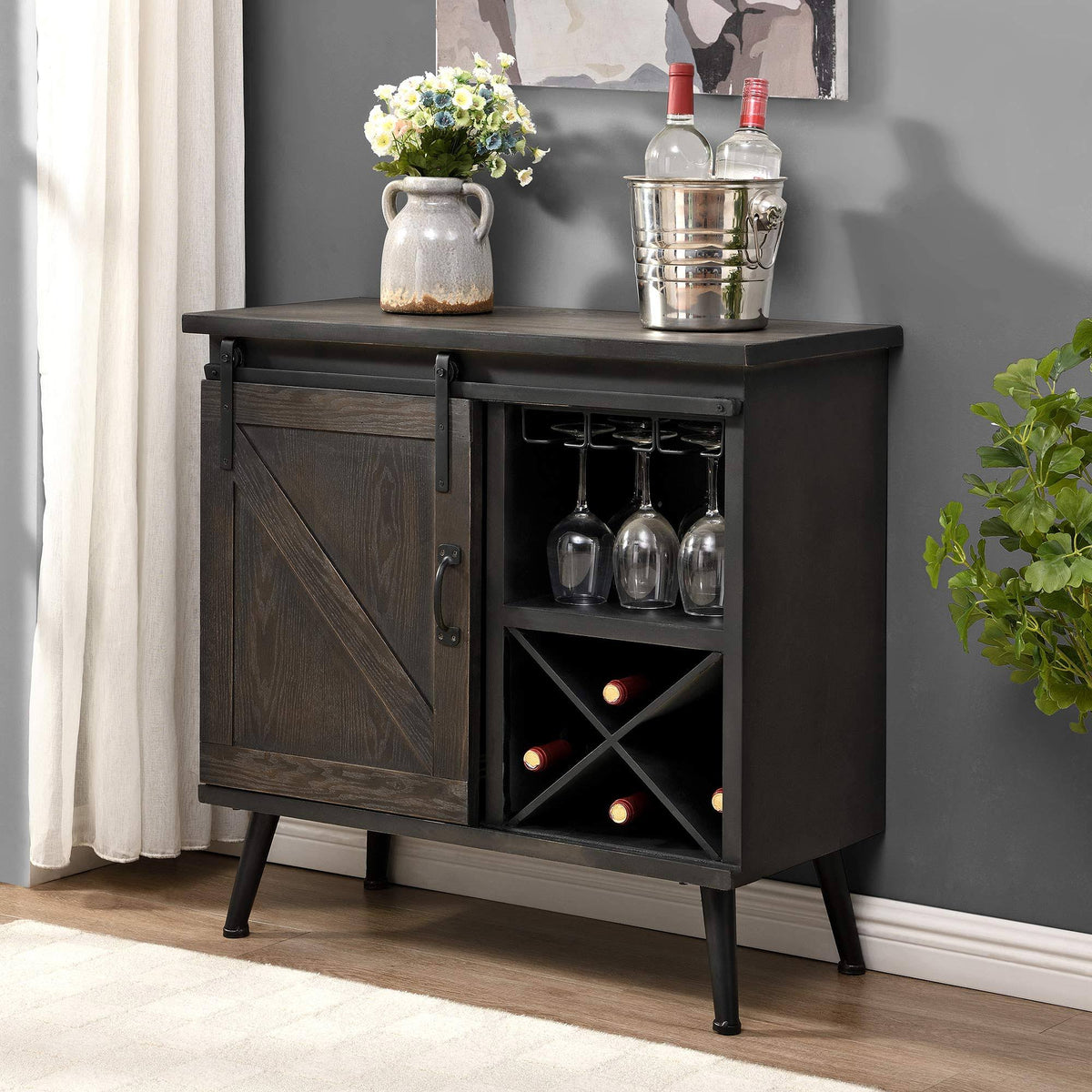 Dark Brown Wood Barn Door Bar Cabinet G940