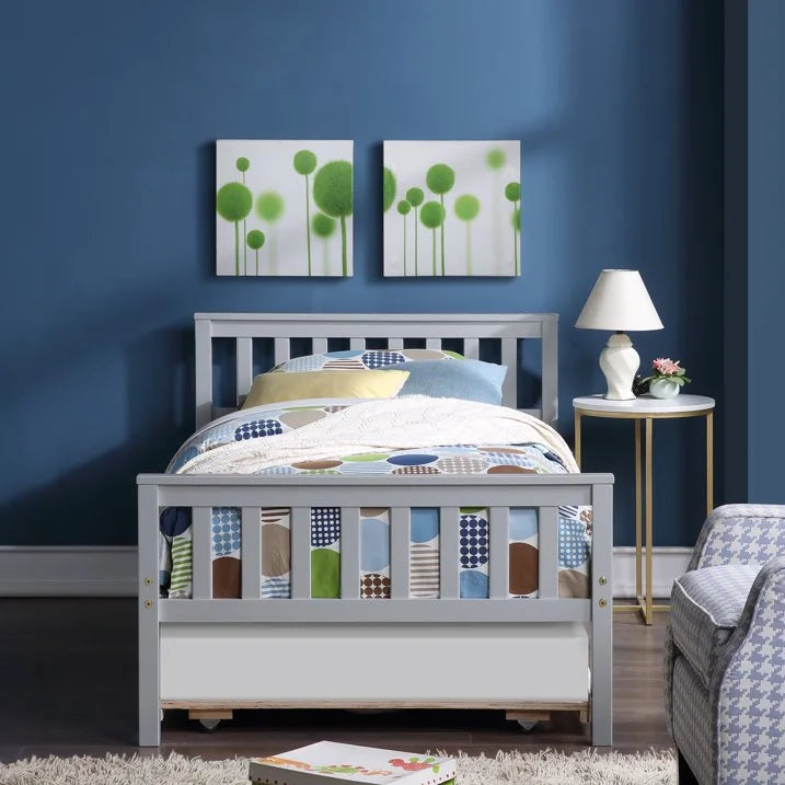 White Solid Pine Wood Twin Platform Bed with Trundle and Headboard Q631457