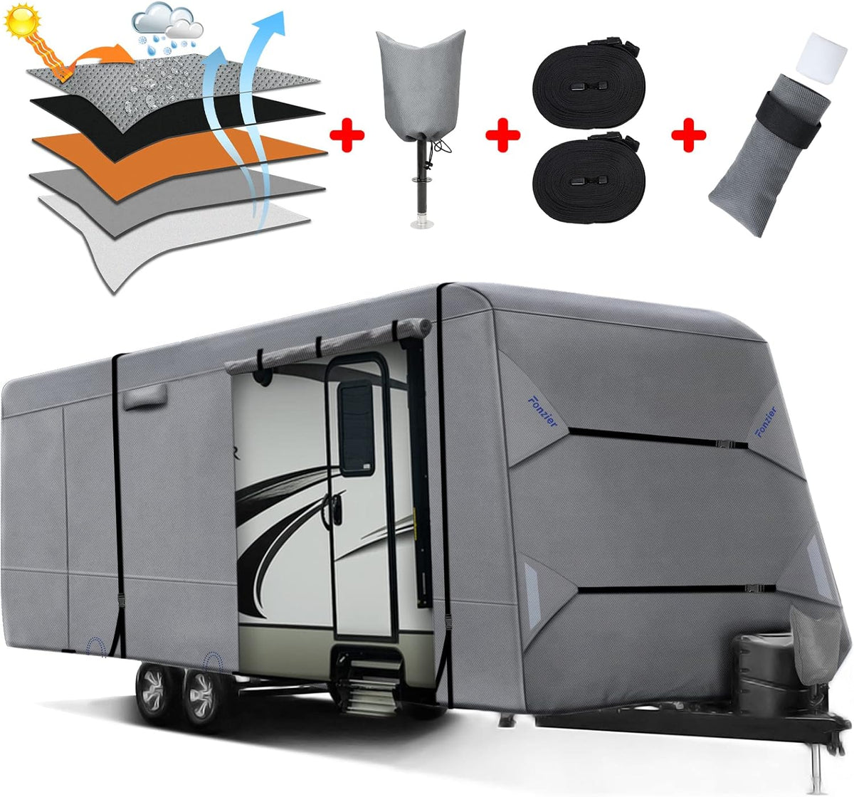 Upgraded 5 Layers Top Anti-UV Travel Trailer Cover with Gutter Spout Covers J443504