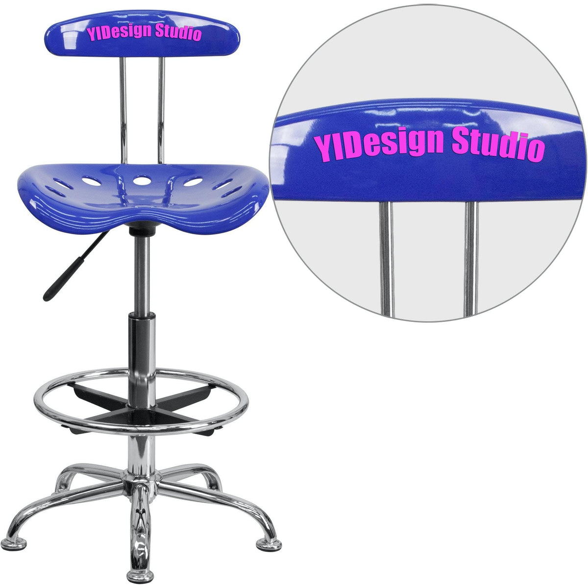 Nautical Blue Chrome Drafting Stool with Tractor Seat F53775