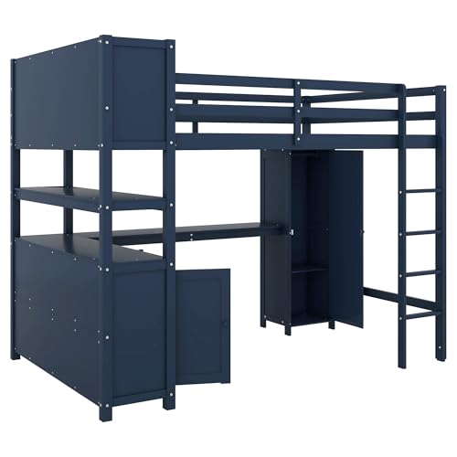 Full Size Wood Loft Bed with Desk and Storage K454