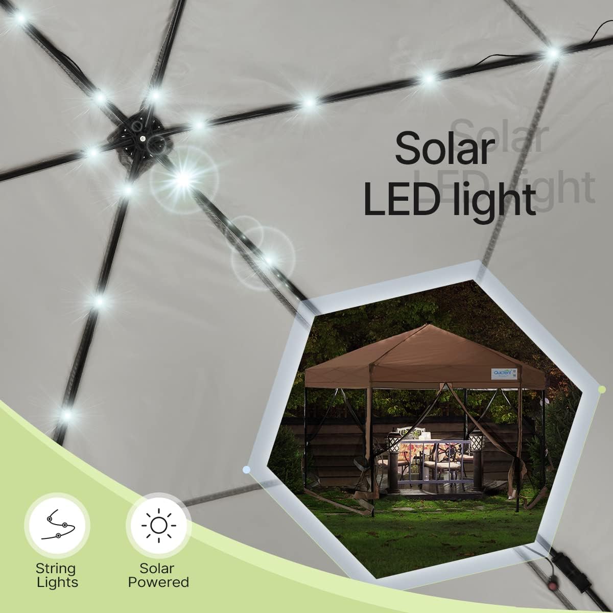 Beige Hexagonal Pop up Gazebo Tent with Mosquito Netting and LED Lights G9175