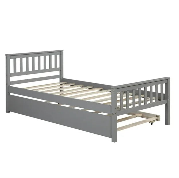 White Solid Pine Wood Twin Platform Bed with Trundle and Headboard Q631457