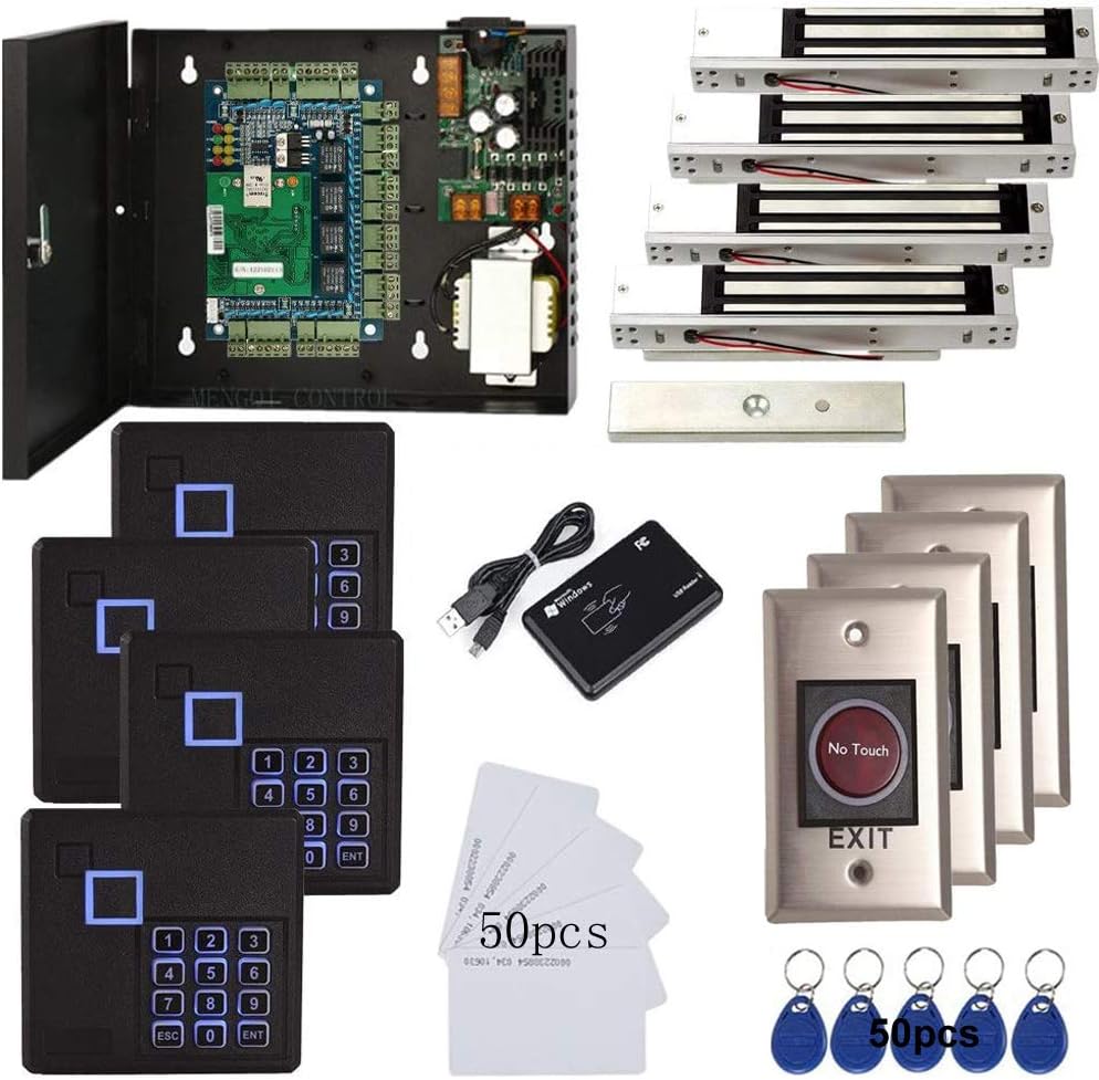 4 Doors Access Control Kit Infrared None Touch Exit Button Keypad Reader 600lbs Electric Magnetic Lock 110V Metal Power Supply Box RFID Card & Key Fob M524