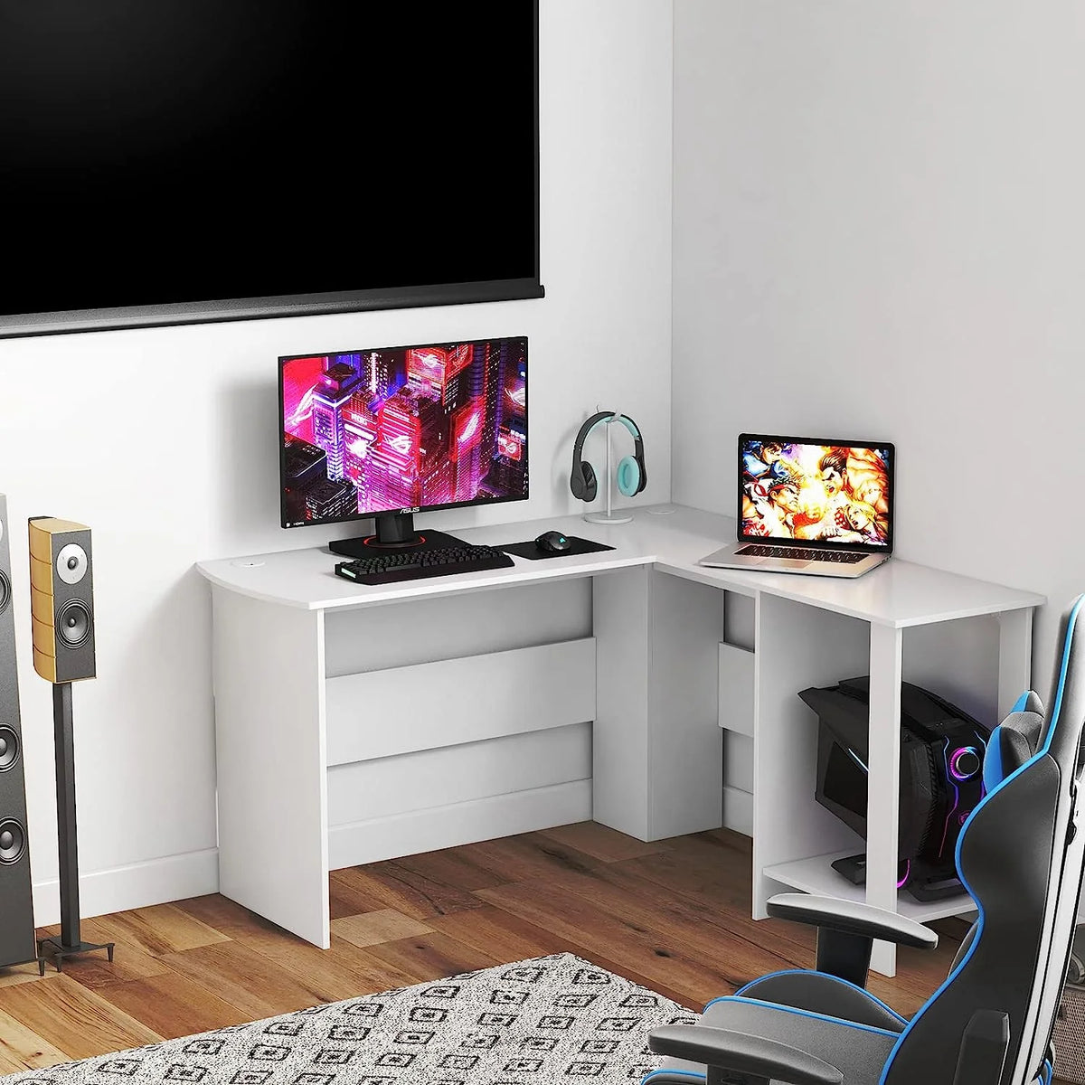 White L-Shaped Desk with Shelves X498