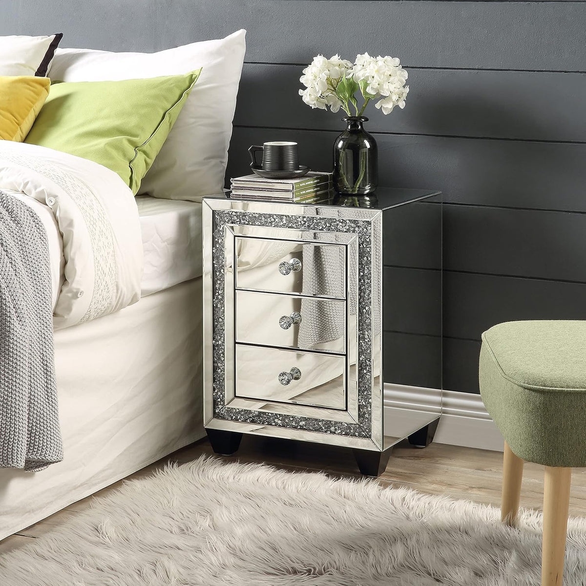Mirrored Nightstand with Three Drawers D512